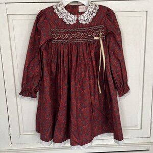 Smocked Dress 6X Long Sleeve Christmas Holiday Classic Lace Trim Amanda Mae